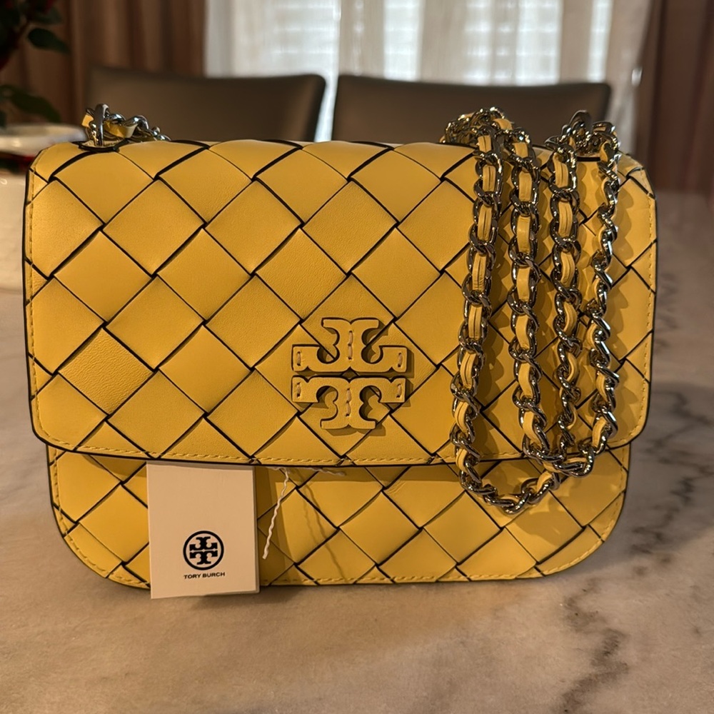 Tory Burch Britten multi woven small adjustable shoulder bag- yellow